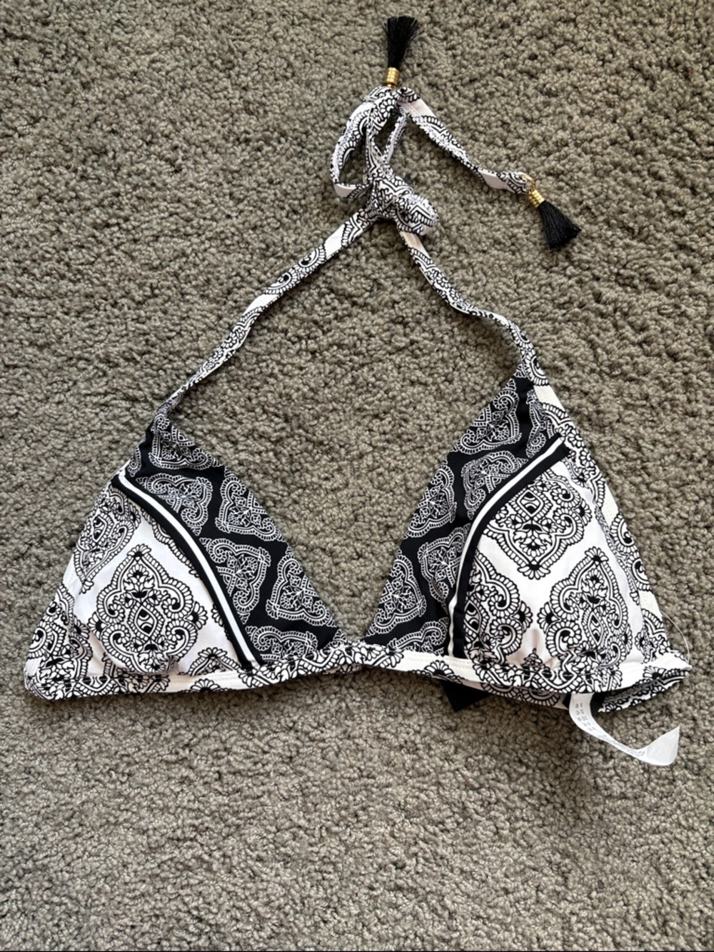 New Lablanca Black & White Paisley Triangle Bikini Top Tassles Gold Accent 10
